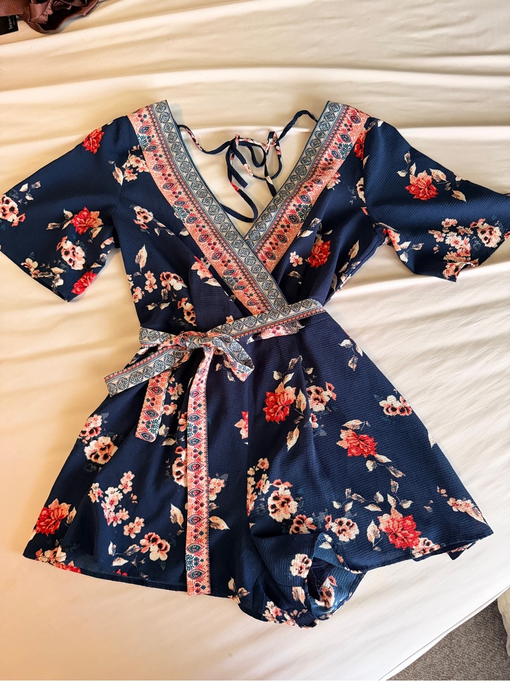 miami Navy Floral Wrap Romper with Pink Accents